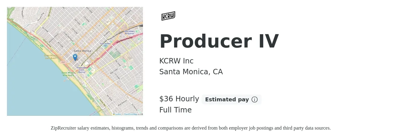KCRW Inc job posting for a Producer IV in Santa Monica, CA with a salary of $38 Hourly with a map of Santa Monica location.