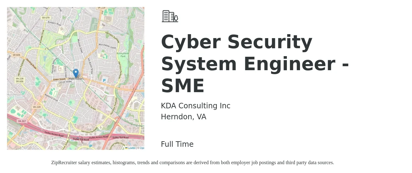 KDA Consulting Inc job posting for a Cyber Security System Engineer - SME in Herndon, VA with a salary of $59 to $72 Hourly with a map of Herndon location.