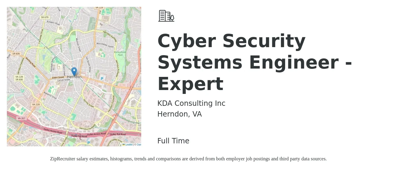 KDA Consulting Inc job posting for a Cyber Security Systems Engineer - Expert in Herndon, VA with a salary of $59 to $72 Hourly with a map of Herndon location.