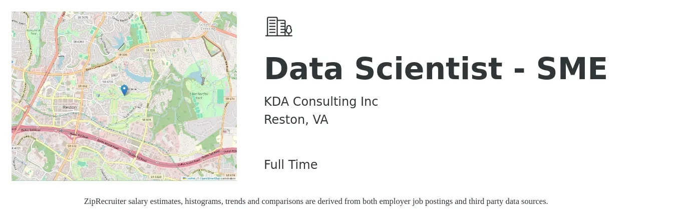 KDA Consulting Inc job posting for a Data Scientist - SME in Reston, VA with a salary of $138,900 to $176,900 Yearly with a map of Reston location.