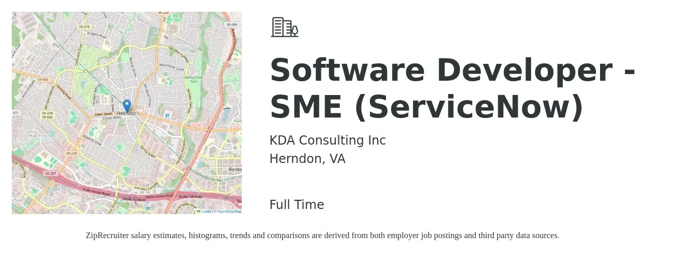 KDA Consulting Inc job posting for a Software Developer - SME (ServiceNow) in Herndon, VA with a salary of $56 to $76 Hourly with a map of Herndon location.