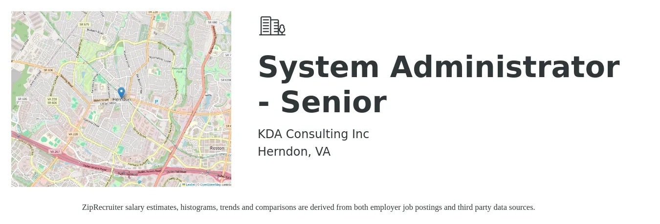 KDA Consulting Inc job posting for a System Administrator - Senior in Herndon, VA with a salary of $88,400 to $119,800 Yearly with a map of Herndon location.