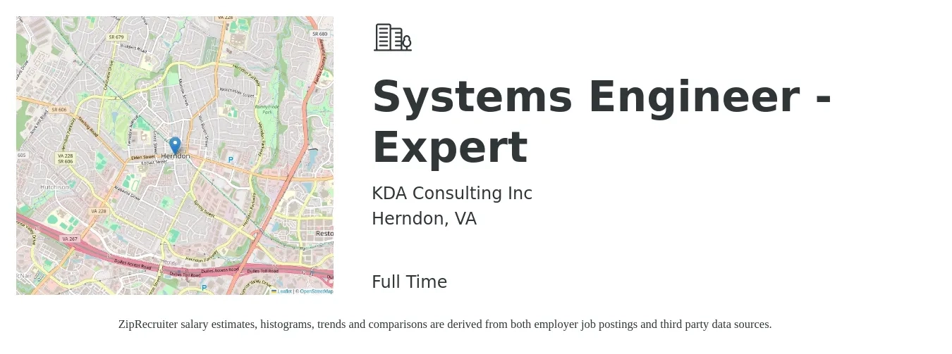 KDA Consulting Inc job posting for a Systems Engineer - Expert in Herndon, VA with a salary of $100,800 to $161,400 Yearly with a map of Herndon location.