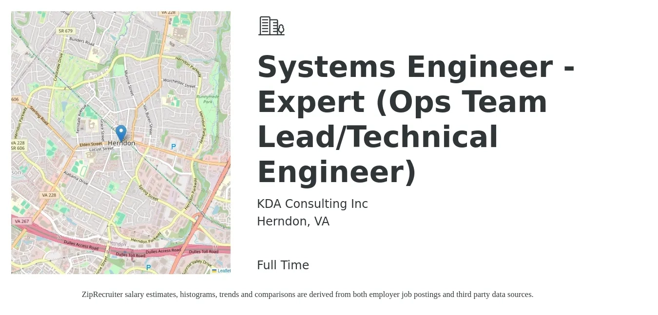 KDA Consulting Inc job posting for a Systems Engineer - Expert (Ops Team Lead/Technical Engineer) in Herndon, VA with a salary of $171,700 to $260,200 Yearly with a map of Herndon location.