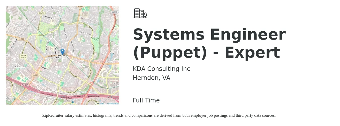 KDA Consulting Inc job posting for a Systems Engineer (Puppet) - Expert in Herndon, VA with a salary of $15 to $62 Hourly with a map of Herndon location.