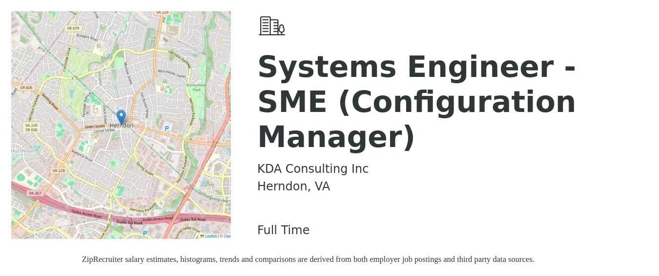 KDA Consulting Inc job posting for a Systems Engineer - SME (Configuration Manager) in Herndon, VA with a salary of $42 to $63 Hourly with a map of Herndon location.