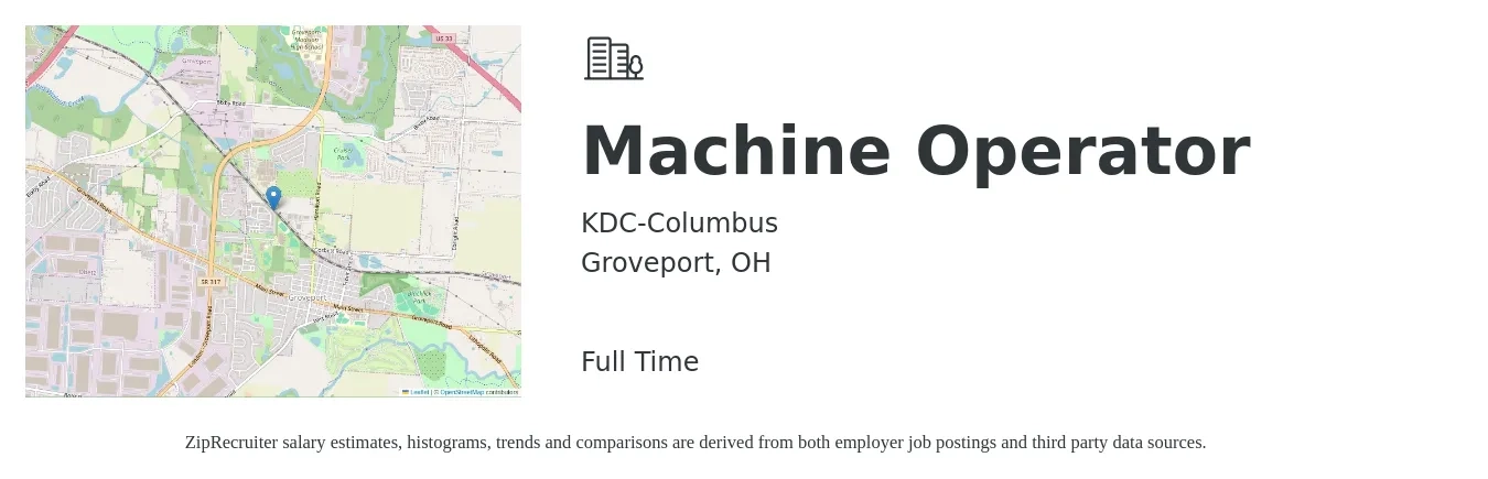 KDC-Columbus job posting for a Machine Operator in Groveport, OH with a salary of $18 to $19 Hourly with a map of Groveport location.