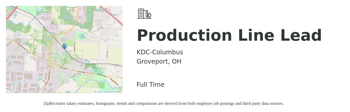 KDC-Columbus job posting for a Production Line Lead in Groveport, OH with a salary of $24 to $25 Hourly with a map of Groveport location.