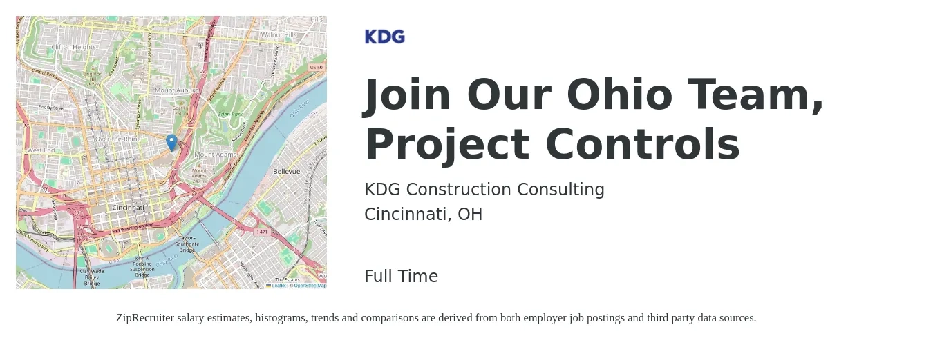 KDG Construction Consulting job posting for a Join Our Ohio Team, Project Controls in Cincinnati, OH with a salary of $46 to $64 Hourly with a map of Cincinnati location.