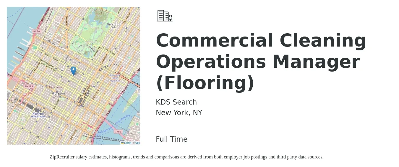 KDS Search job posting for a Commercial Cleaning Operations Manager (Flooring) in New York, NY with a salary of $46,900 to $75,700 Yearly with a map of New York location.