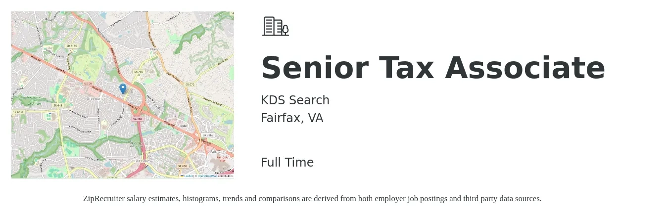 KDS Search job posting for a Senior Tax Associate in Fairfax, VA with a salary of $84,000 to $104,100 Yearly with a map of Fairfax location.