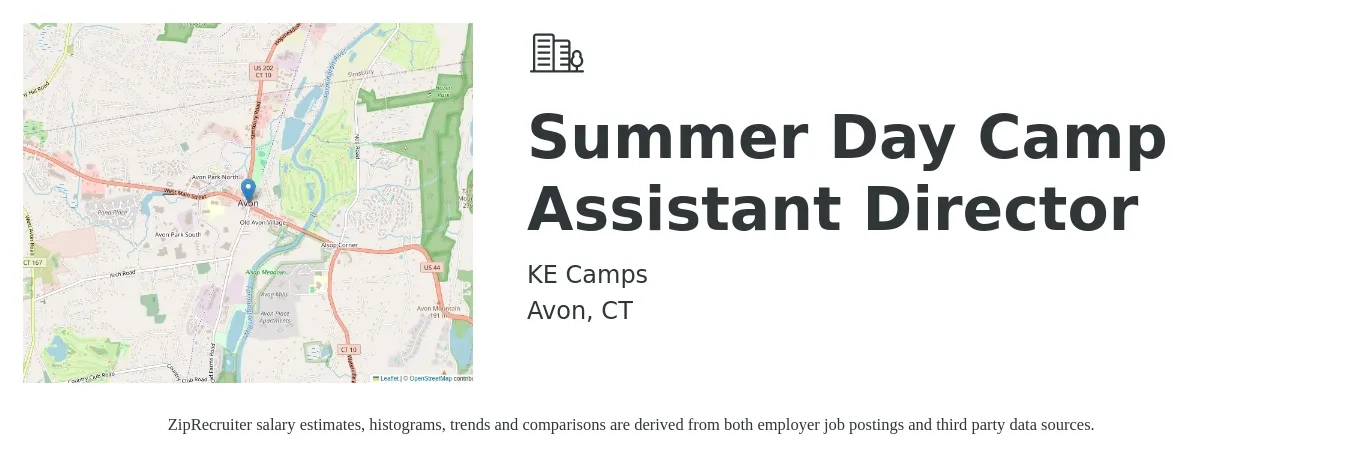 KE Camps job posting for a Summer Day Camp Assistant Director in Avon, CT with a salary of $43,800 to $88,100 Yearly with a map of Avon location.