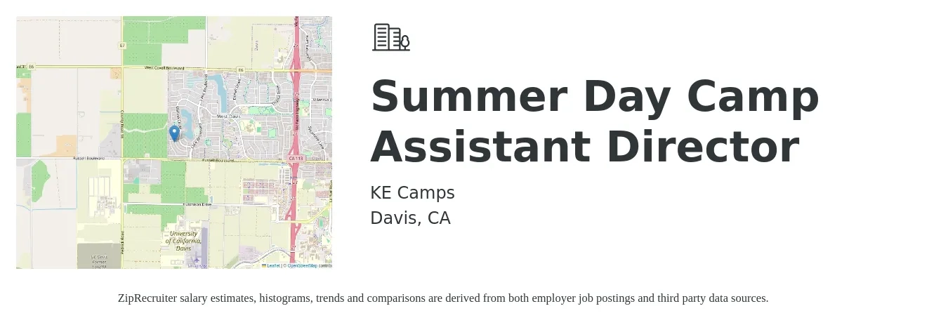 KE Camps job posting for a Summer Day Camp Assistant Director in Davis, CA with a salary of $48,100 to $96,700 Yearly with a map of Davis location.