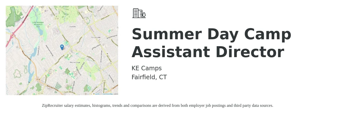 KE Camps job posting for a Summer Day Camp Assistant Director in Fairfield, CT with a salary of $44,900 to $90,300 Yearly with a map of Fairfield location.