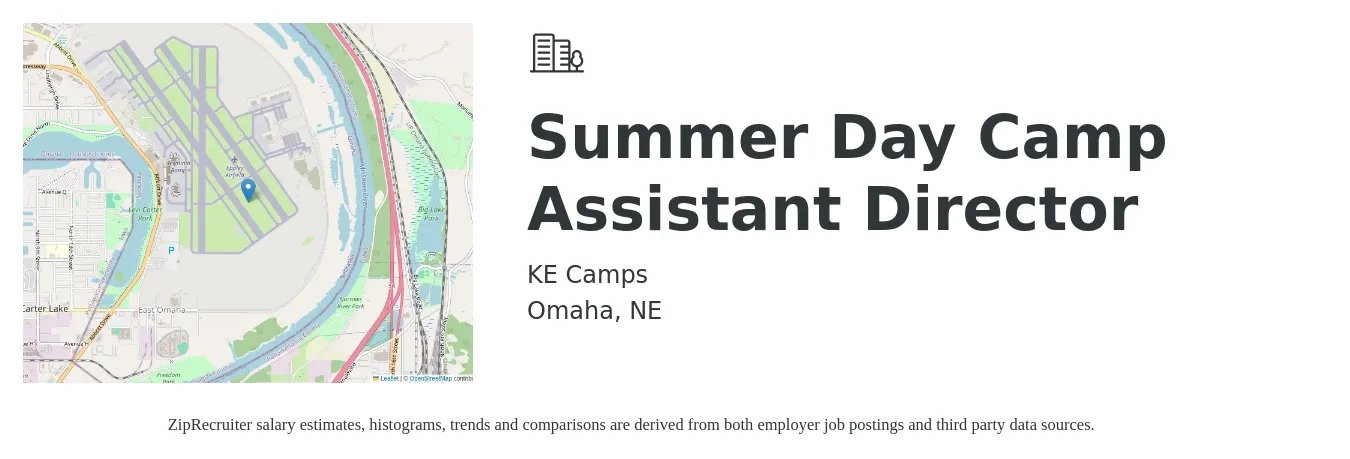 KE Camps job posting for a Summer Day Camp Assistant Director in Omaha, NE with a salary of $38,300 to $77,000 Yearly with a map of Omaha location.