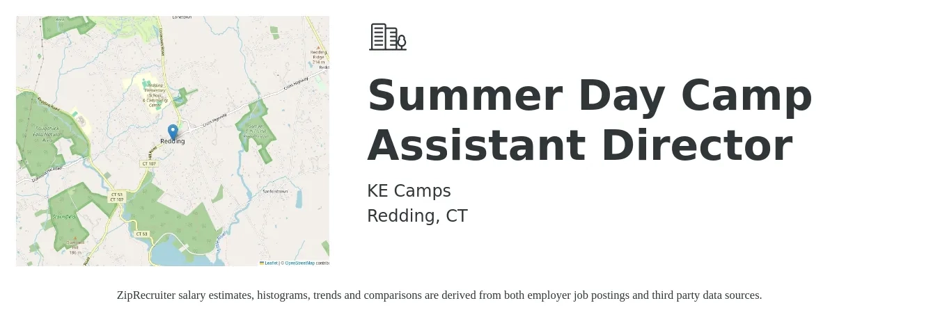 KE Camps job posting for a Summer Day Camp Assistant Director in Redding, CT with a salary of $46,200 to $93,000 Yearly with a map of Redding location.