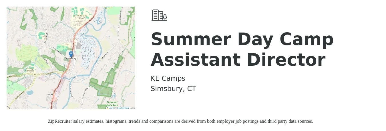 KE Camps job posting for a Summer Day Camp Assistant Director in Simsbury, CT with a salary of $45,200 to $90,800 Yearly with a map of Simsbury location.