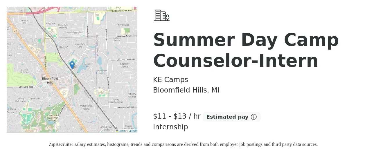 KE Camps job posting for a Summer Day Camp Counselor-Intern in Bloomfield Hills, MI with a salary of $12 to $14 Hourly with a map of Bloomfield Hills location.