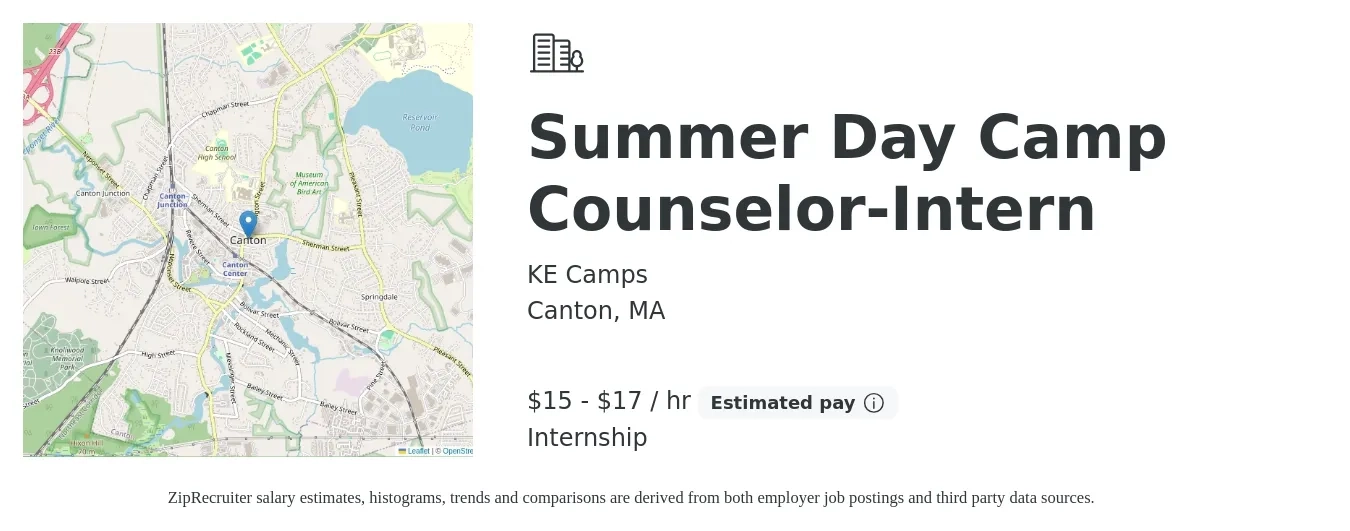 KE Camps job posting for a Summer Day Camp Counselor-Intern in Canton, MA with a salary of $16 to $18 Hourly with a map of Canton location.