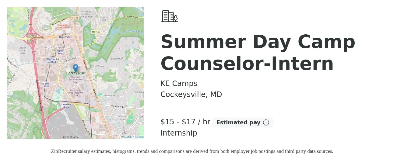 KE Camps job posting for a Summer Day Camp Counselor-Intern in Cockeysville, MD with a salary of $16 to $18 Hourly with a map of Cockeysville location.