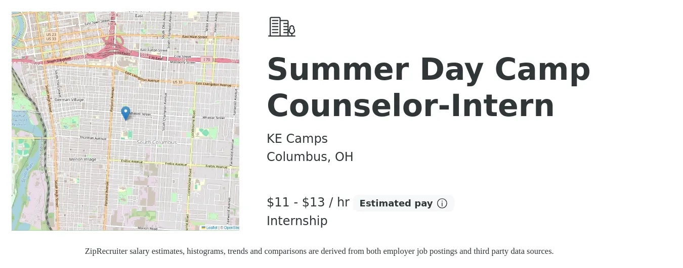 KE Camps job posting for a Summer Day Camp Counselor-Intern in Columbus, OH with a salary of $12 to $14 Hourly with a map of Columbus location.