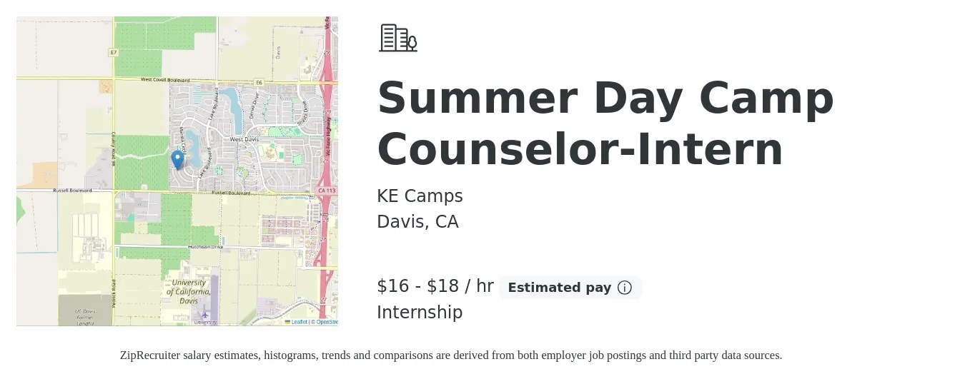 KE Camps job posting for a Summer Day Camp Counselor-Intern in Davis, CA with a salary of $17 to $19 Hourly with a map of Davis location.