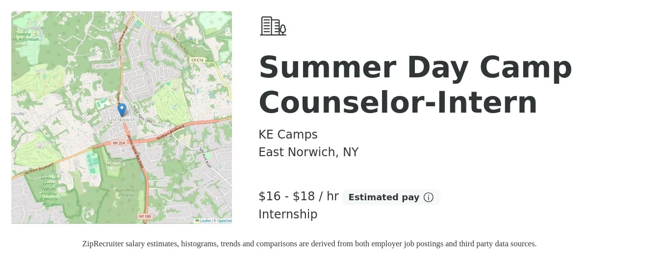 KE Camps job posting for a Summer Day Camp Counselor-Intern in East Norwich, NY with a salary of $17 to $19 Hourly with a map of East Norwich location.