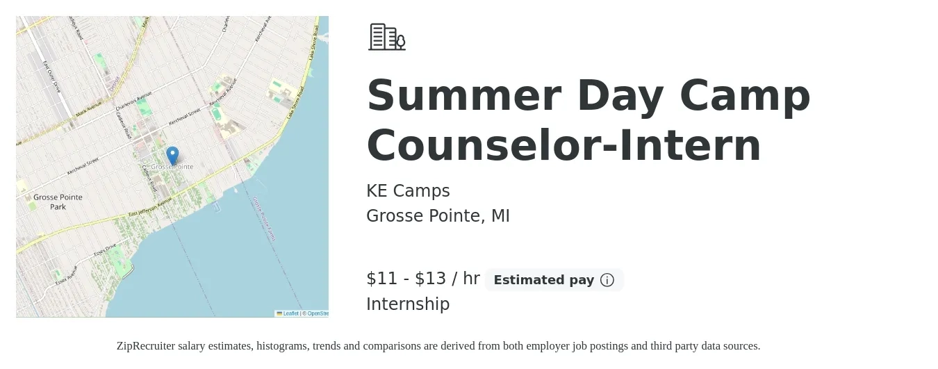 KE Camps job posting for a Summer Day Camp Counselor-Intern in Grosse Pointe, MI with a salary of $12 to $14 Hourly with a map of Grosse Pointe location.