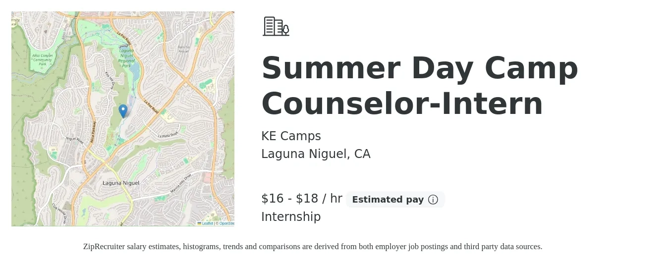 KE Camps job posting for a Summer Day Camp Counselor-Intern in Laguna Niguel, CA with a salary of $17 to $19 Hourly with a map of Laguna Niguel location.