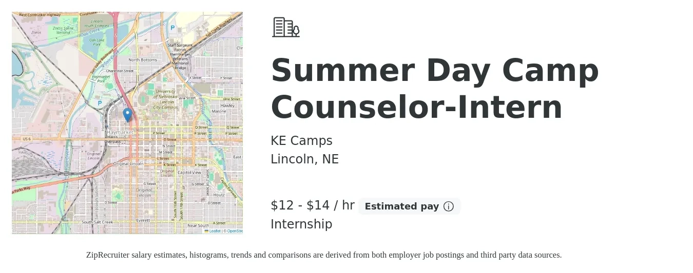 KE Camps job posting for a Summer Day Camp Counselor-Intern in Lincoln, NE with a salary of $13 to $15 Hourly with a map of Lincoln location.