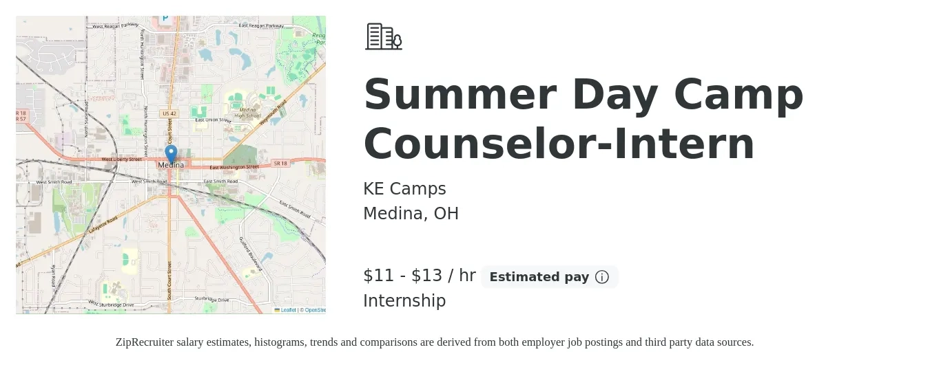 KE Camps job posting for a Summer Day Camp Counselor-Intern in Medina, OH with a salary of $12 to $14 Hourly with a map of Medina location.