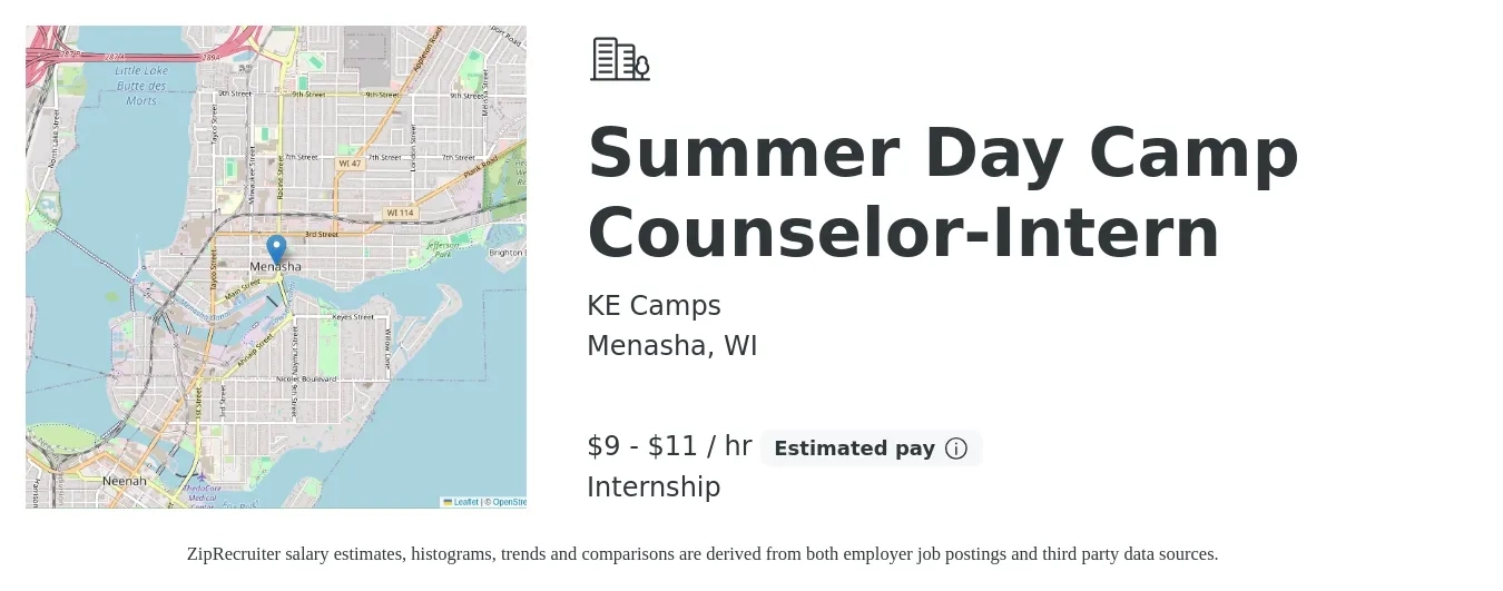 KE Camps job posting for a Summer Day Camp Counselor-Intern in Menasha, WI with a salary of $10 to $12 Hourly with a map of Menasha location.