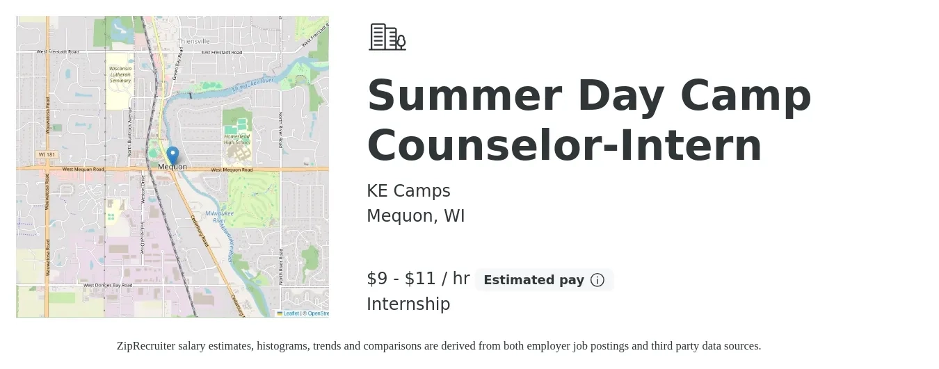 KE Camps job posting for a Summer Day Camp Counselor-Intern in Mequon, WI with a salary of $10 to $12 Hourly with a map of Mequon location.