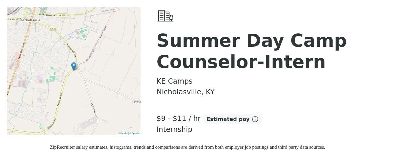 KE Camps job posting for a Summer Day Camp Counselor-Intern in Nicholasville, KY with a salary of $10 to $12 Hourly with a map of Nicholasville location.