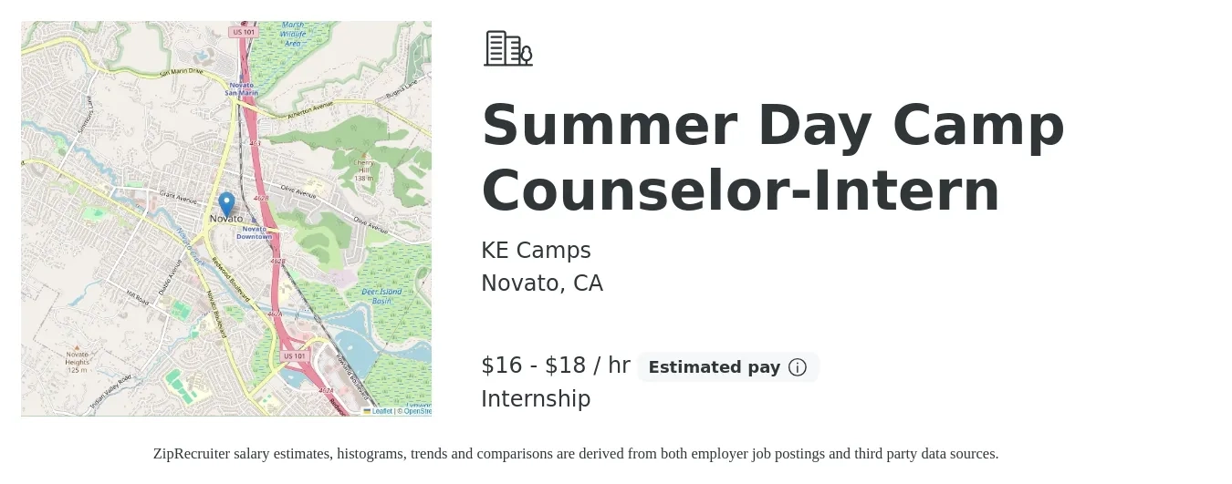 KE Camps job posting for a Summer Day Camp Counselor-Intern in Novato, CA with a salary of $17 to $19 Hourly with a map of Novato location.