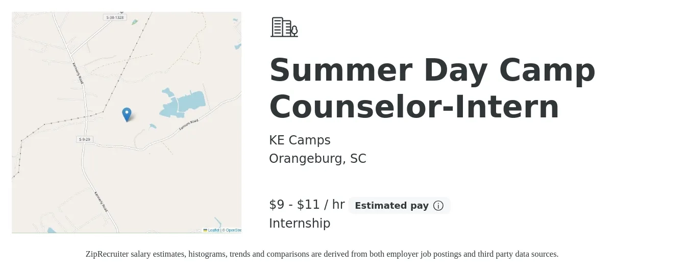 KE Camps job posting for a Summer Day Camp Counselor-Intern in Orangeburg, SC with a salary of $10 to $12 Hourly with a map of Orangeburg location.