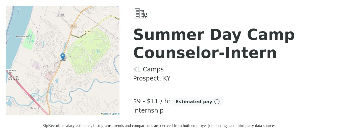 KE Camps job posting for a Summer Day Camp Counselor-Intern in Prospect, KY with a salary of $10 to $12 Hourly with a map of Prospect location.