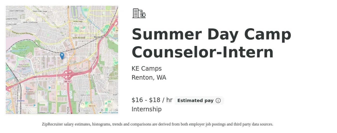 KE Camps job posting for a Summer Day Camp Counselor-Intern in Renton, WA with a salary of $18 to $20 Hourly with a map of Renton location.