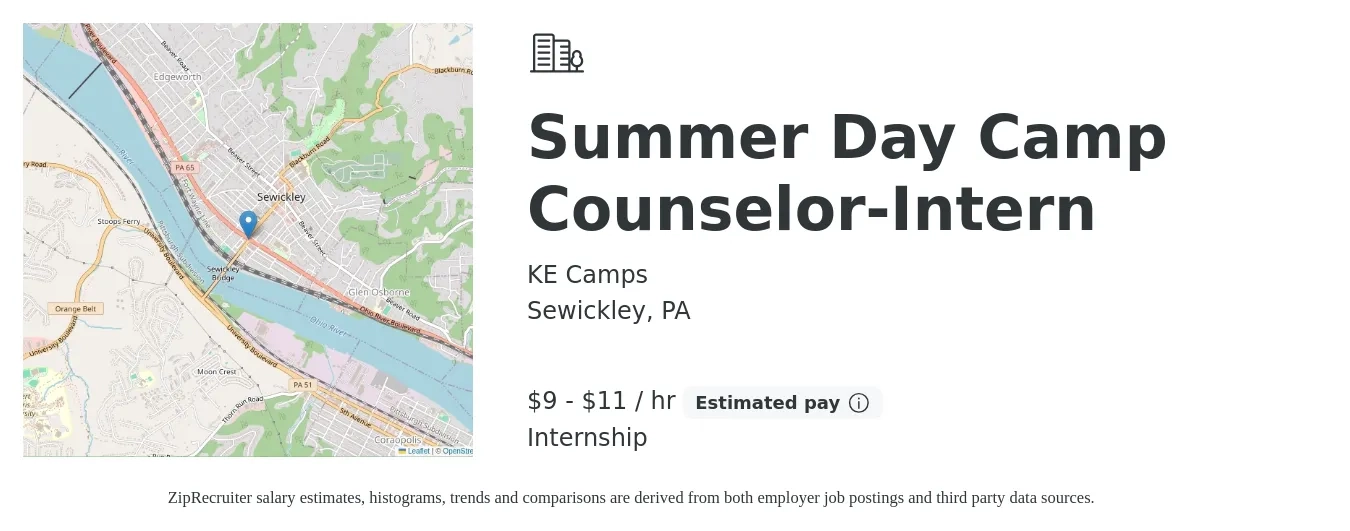 KE Camps job posting for a Summer Day Camp Counselor-Intern in Sewickley, PA with a salary of $10 to $12 Hourly with a map of Sewickley location.