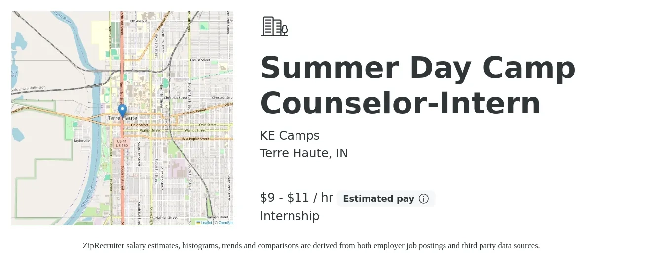 KE Camps job posting for a Summer Day Camp Counselor-Intern in Terre Haute, IN with a salary of $10 to $12 Hourly with a map of Terre Haute location.