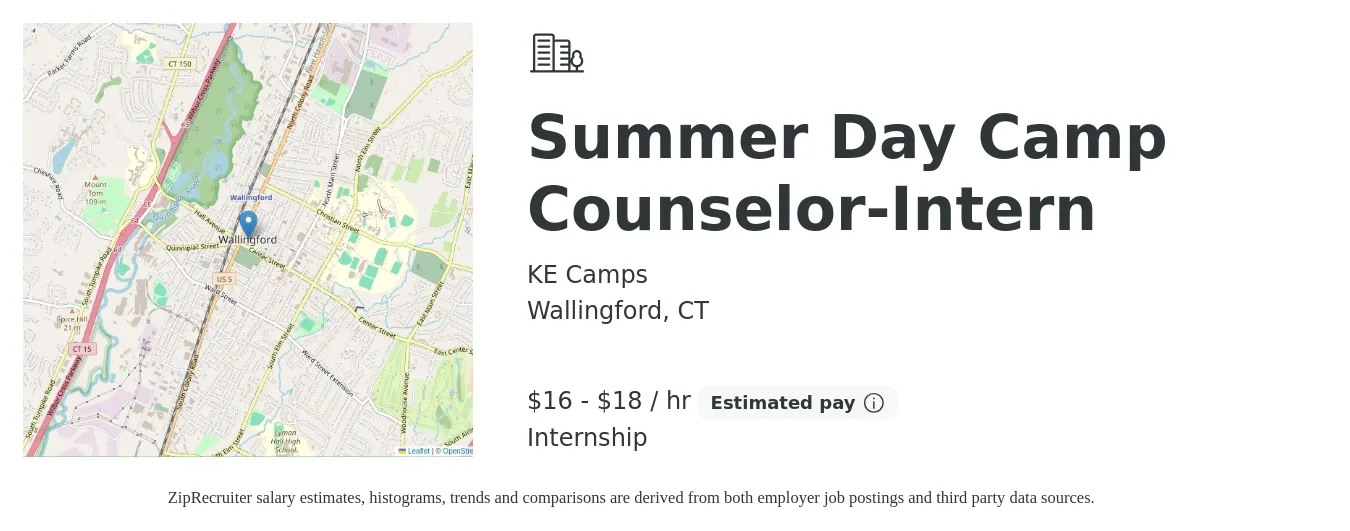 KE Camps job posting for a Summer Day Camp Counselor-Intern in Wallingford, CT with a salary of $17 to $19 Hourly with a map of Wallingford location.