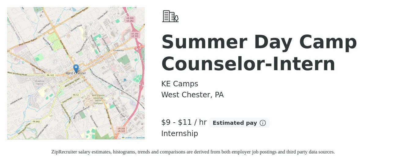 KE Camps job posting for a Summer Day Camp Counselor-Intern in West Chester, PA with a salary of $10 to $12 Hourly with a map of West Chester location.