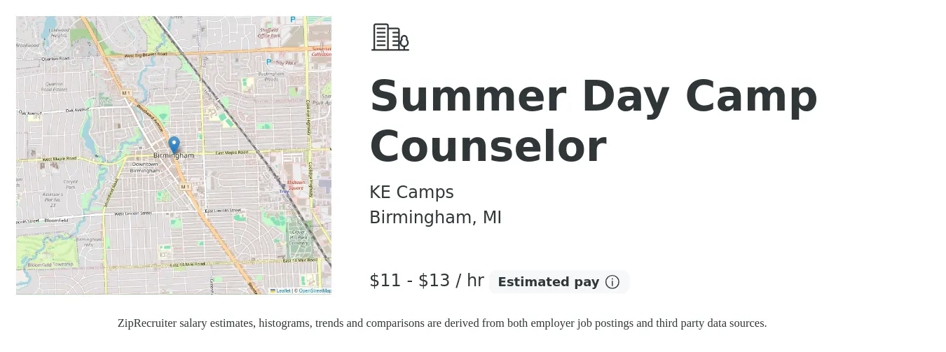 KE Camps job posting for a Summer Day Camp Counselor in Birmingham, MI with a salary of $12 to $14 Hourly with a map of Birmingham location.