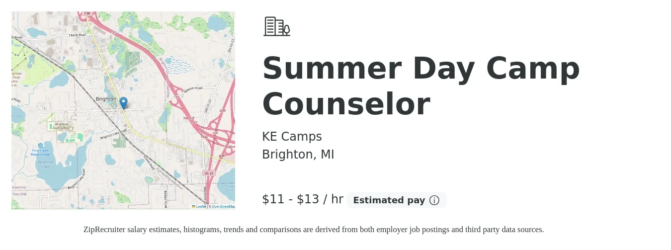 KE Camps job posting for a Summer Day Camp Counselor in Brighton, MI with a salary of $12 to $14 Hourly with a map of Brighton location.