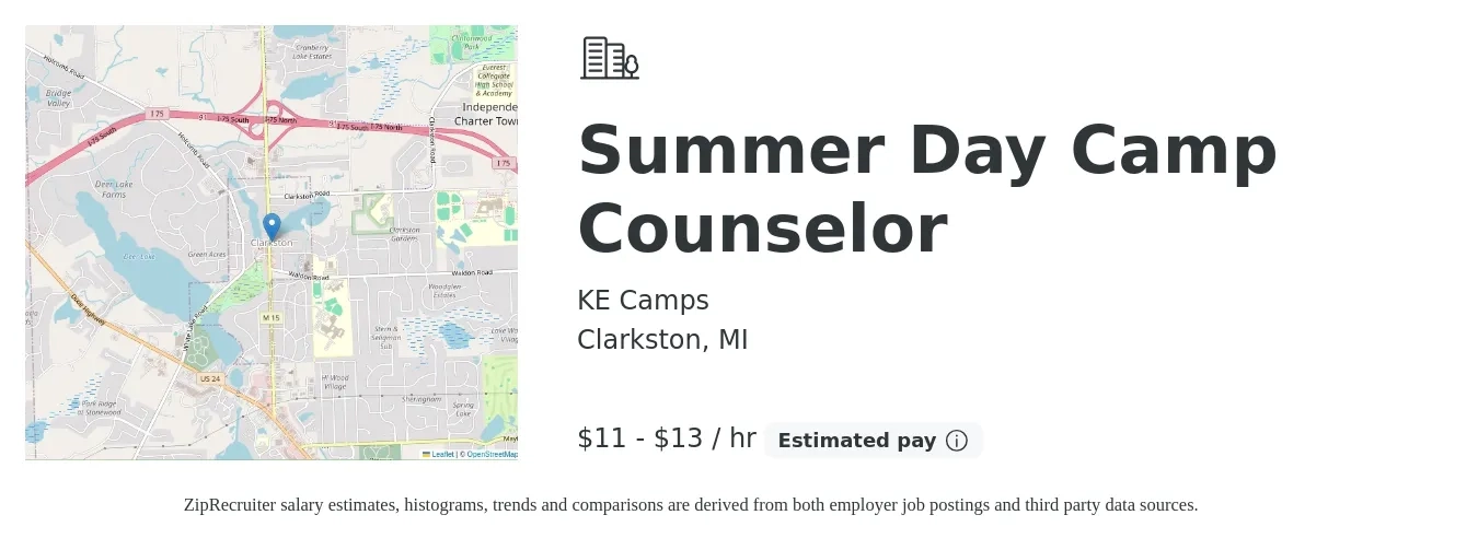 KE Camps job posting for a Summer Day Camp Counselor in Clarkston, MI with a salary of $12 to $14 Hourly with a map of Clarkston location.