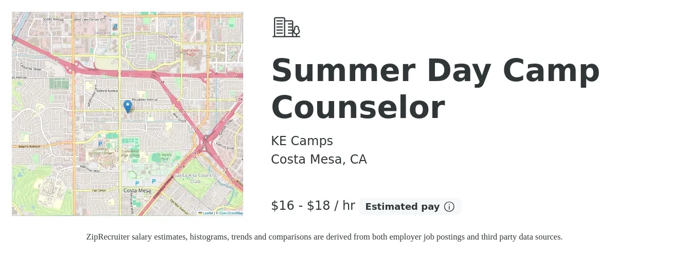 KE Camps job posting for a Summer Day Camp Counselor in Costa Mesa, CA with a salary of $17 to $19 Hourly with a map of Costa Mesa location.