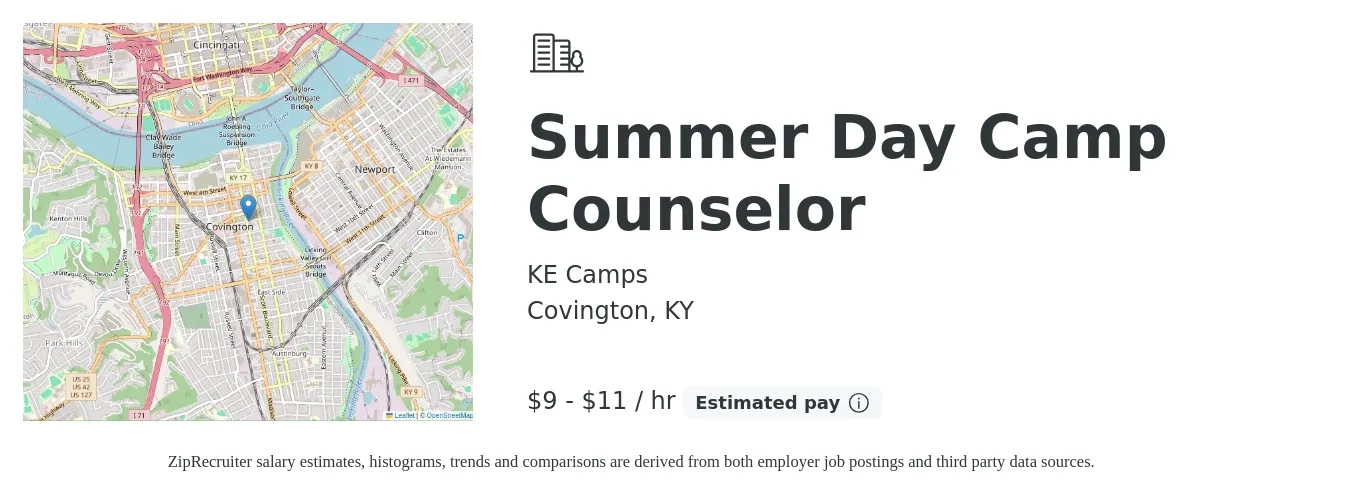 KE Camps job posting for a Summer Day Camp Counselor in Covington, KY with a salary of $10 to $12 Hourly with a map of Covington location.