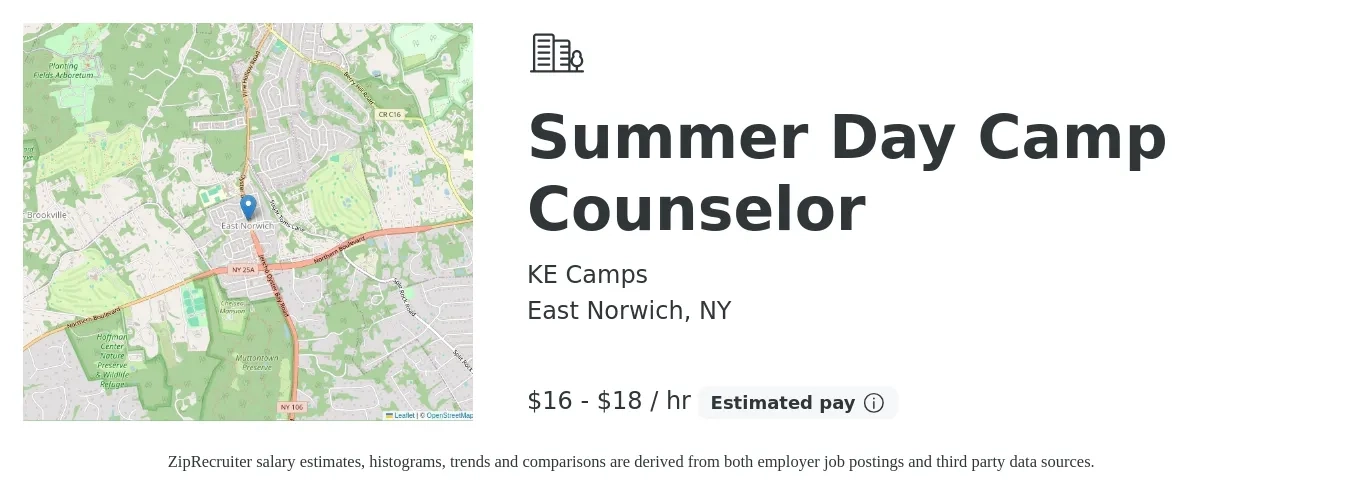 KE Camps job posting for a Summer Day Camp Counselor in East Norwich, NY with a salary of $17 to $19 Hourly with a map of East Norwich location.