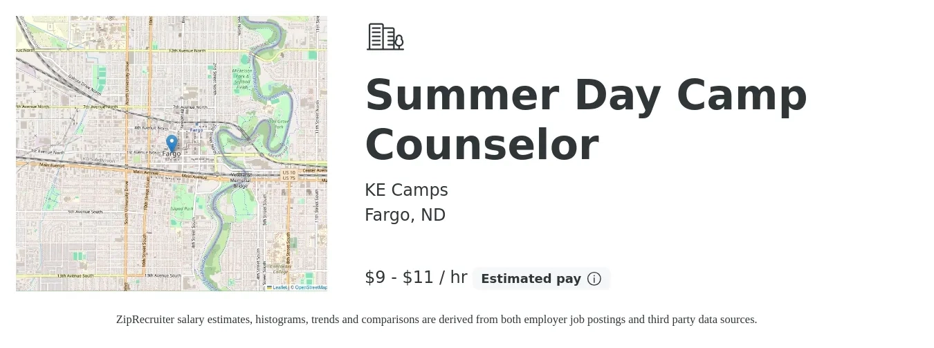 KE Camps job posting for a Summer Day Camp Counselor in Fargo, ND with a salary of $10 to $12 Hourly with a map of Fargo location.