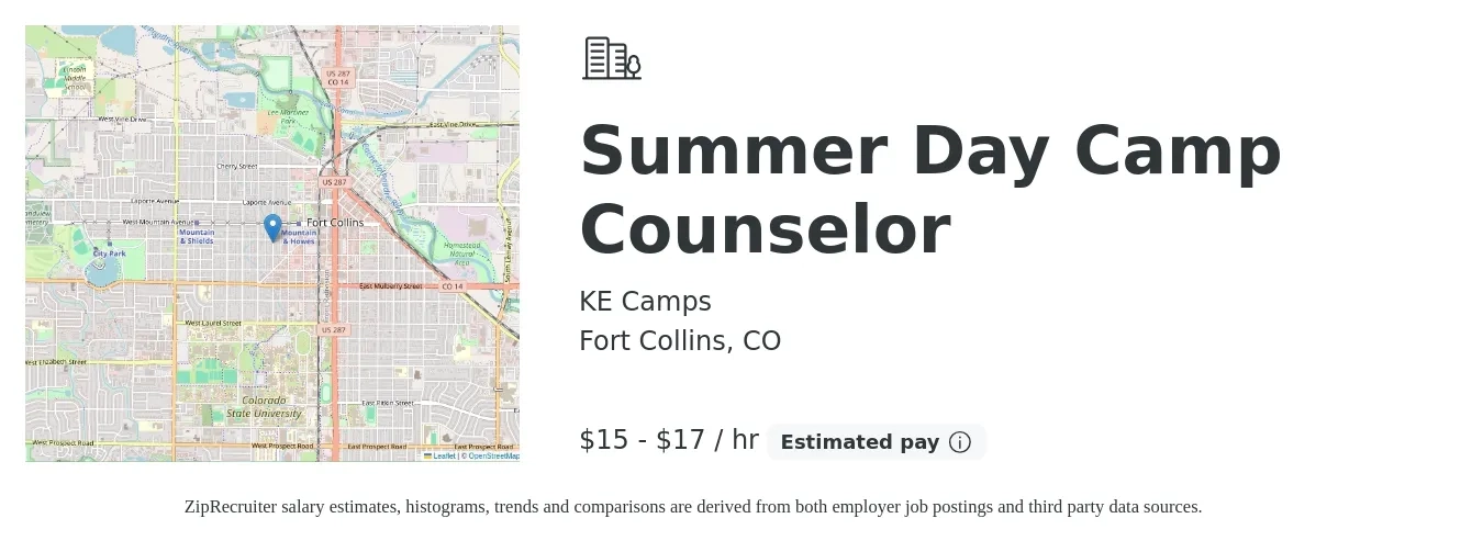 KE Camps job posting for a Summer Day Camp Counselor in Fort Collins, CO with a salary of $16 to $18 Hourly with a map of Fort Collins location.